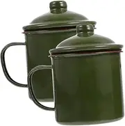 BRIGHTFUFU 2Pcs Retro Enamel Coffee Mugs with Lid Milk Cups Durable Household Juice Cup for Outdoor Camping Comfortable Handle Easy to Clean