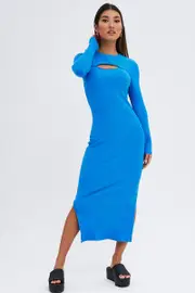 Blue Midi Dress Long Sleeve Mock Neck Cut Out Bodycon - Size S, Women's Bodycon Dress