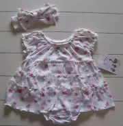 Duck Duck Goose 2 Pc White Pnk Red Rose Floral Bodysuit Dress & Bow Headband 18M