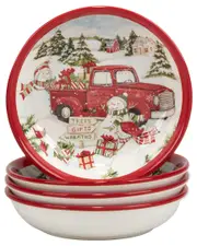 Certified International Red Truck Snowman Set Of 4 Soup Bowls