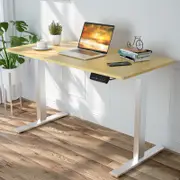 Adjustable Height Electric Standing Desk, Motorised Stand Up Desk Sit Stand Desk 140cm Splice Board, Bright Silver Frame/Oak Color Table Top