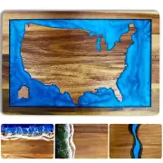 Wood Cutting Board Acacia With United States Of America Map Shapes Blue Epoxy