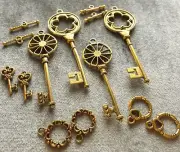 SKELETON KEY FINDINGS SET 14 PIECE, CHARMS, CLOSURES, TOGGLE, ANTIQUE GOLD