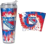 Rico Industries NHL Hockey New York Rangers Team Color Tie Dye 24oz Metallic Acrylic Tumbler with Hinged Lid, Officially Licensed Double Wall Tumbler with Straw