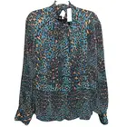 New York & Company Blue Leopard Print Top Blouse Sz XXL Pleated Side Zip New Tag
