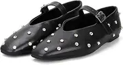 Goolita Rhinestone Ballet Flats for Women, Square Toe Low Heel Studded Flats Shoes Comfortable Buckle Ankle Strap Mary Jane Shoes