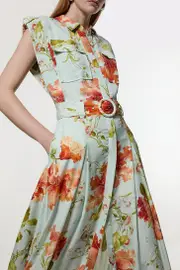 Premium Viscose Linen Floral Belted Woven Midi Dress With Gold Hardware Detail