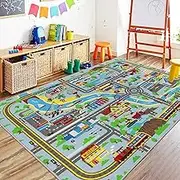 Capslpad Children's Play Mat 150 x 200 cm Non-Slip City Map Playground Rug Washable Car Play Mats Short Pile City Life Learning Education Area Rug for Children's Room Playroom Decor, Light Blue