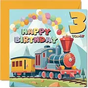 3rd Birthday Card for Boys Girls - Steam Train - Happy Birthday Card 3 Year Old Boy Girl, Third Birthday Cards for Him Her, 145mm x 145mm Greeting Cards for Niece Nephew Kids Children