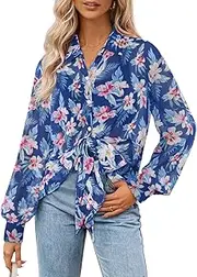 [MEROKEETY] Women's Summer Button Down Blouses Long Sleeve Tie Front Floral Boho Chiffon Shirt Tops
