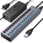 High-Speed 16-Port USB 3.1 Hub with 96W Power Adapter - Sleek, Durable Design