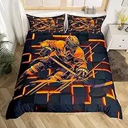 Manfei Ice Hockey Duvet Cover Set Full Size,Geometric Grids Squares Neon Orange Bedding Set,Girls Boys Teens Room Decor,Sports Gamer Honeycomb Plaids Quilt Cover,Orange Black,No Comforter