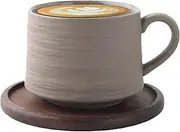 Ceramic Coffee Tea Cup with Natural Black Walnut Wood Saucer, Elegant Coffee Mug Set, Unglazed Porcelain Arty Mug (Natural Earthiness Finish)