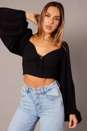Black Gathered Bust Top Balloon Sleeve Backless Blouse - Size 12, Women's Top