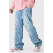 Mens Light Blue Baggy Rigid Washed Blue Cross Applique Jeans