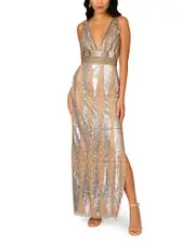 Aidan Mattox Fully Beaded Deep V Neck Gown