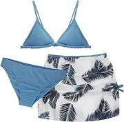 [SEAUR] Girls' Bikini Set with Skirt 3-Piece Teenager Swimwear Fashionable Printed Swimsuit Padded Swimwear for 140-170 cm