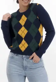 American Eagle Argyle Knit Sweater Navy Yellow Green Size M NWOT Preppy Academia