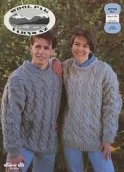 Wool Pak Yarns NZ Pattern No 2 Bulky His & Hers Cable Sweater -Men Women 34"-42"