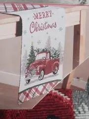 Red Truck Table Runner Christmas Tapestry Plaid Holiday Farmhouse 13” x 68” New