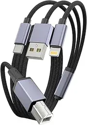 [WORLDBOYU] Printer USB Cable, USB A, C and Lightning to USB-B 2.0 for MacBook Pro, USB C Cable, Nylon Braided for Yamaha, Casio Digital Piano, MIDI Controller, Printers - 3.3FT