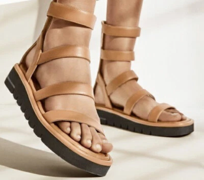 Stuart Weitzman Gala Lift Gladiator Platform Sandals Tan Zip Back Boho 6.5 NEW