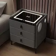 Bedroom Smart Bedside Table with 3 Drawers, USB, Three-Color Light, Wireless Charging Port and Fingerprint Lock, Bluetooth Speaker Side Table, for Bedroom and Living Room (Dark Grey)