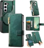 [Niuuro] 2 in 1 Detachable for Samsung Galaxy Z Fold 6 Case with Card Holder & S Pen Zipper Pocket & Hinge Protection, [Compatible with MagSafe] Heavy Duty Leather Wallet Phone Case - Green
