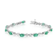 10K White Gold Oval Emerald Stones And Diamonds Tennis Bracelet, 7"