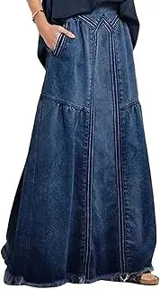 [loveimgs] Women's Vintage Frayed Hem A Line Long Maxi Skirt Distressed Elastic High Waist Retro Jeans Skirt