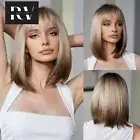 Medium Length Wavy Synthetic Wigs Ombre Blonde Brown Wig with Bangs for Women