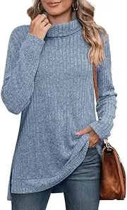 [ZPLxi] Women's Long Sleeve Tops Turtleneck Jumpers Fall Winter Vintage Sweaters 2025 Side Splits Tunic Tops (AU, Alpha, Small, Regular, Regular, Blue)