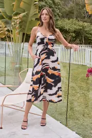 Isha Black/Orange Print Singlet Tie Front Dress