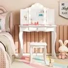 Costway Kid Vanity Table Stool Set Tri-Folding Mirror Adjustable 3-Color LED in.