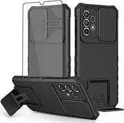 [Asuwish] Phone Case for Samsung Galaxy A33 5G with Tempered Glass Screen Protector and Slide Camera Cover Kickstand Stand Slim Protective Mobile Hard Hybrid Cell Accessories A 33 33A Women Men Black