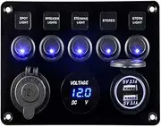 5 Gang Marine Boat Rocker Switch Panel, Waterproof Boat Toggle Switches Panel with 4.2A Dual USB Charger Socket + LED Voltmeter + 12V Power Outlet for Boat RV Car Vehicles Truck Trailer Yacht (A)