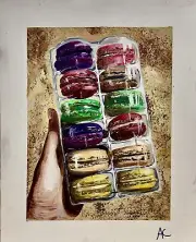 Original Macaron Painting, Colorful Food Art On Canvas, Signed Artist - AC