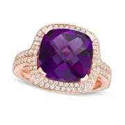 Cushion-Cut Amethyst and Lab-Created White Sapphire Frame Double Row Ring in Sterling Silver with Solid 14K Rose Gold Plate