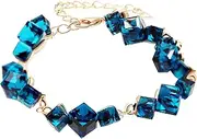 [Uloveido] Women Cube Square Blue Glass Crystal Bracelet Rose Gold Plated for Girl Extended Chain GR126