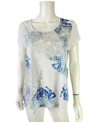 Chico’s Zenergy Top Tee Shirt Fiona Floral White Sparkle Chicos 2 Size L NWT $59