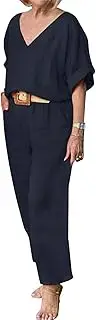 [Generic] Casual Women's Cotton and Linen Outdoor Two-Piece Set Summer Oversized Short Sleeve T Shirts V Neck Top Sport Loose Capri Pant Sets Elegant