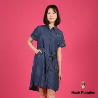 在飛比找momo購物網優惠-【Hush Puppies】女裝 洋裝 直條紋寬袖暗門襟腰綁