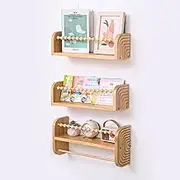 Wooden Wall Mounted Floating Shelves, 3-Tier Nursery Bookshelf with Beaded Detail, Natural Pine (Wood)