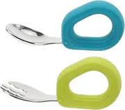 HOUDERCO 2 Pcs Baby Forks And Spoon Set Baby Training Utensil Self Feedings Toddler Silverware Silicone And Stainless Steel Kids Utensil Set