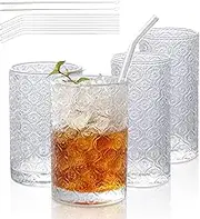 Set of 4 Vintage Embossed Clear Glassware,2 Highball Glasses 14oz & 2 Rocks Drinking Glasses 9oz, Art Deco, for Beer, Water, Cocktail, Juice, Whiskey, Gift
