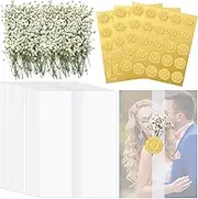 Fabbay Wedding Invitations Wraps Set Include Pre Folded Vellum Jackets for 5x7 Natural Dried Pressed Flowers Gold Self Adhesive Envelope Seal Stickers Craft DIY(50) White