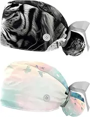 [YTYVAGT] 2-Pc,Nurse Scrub Caps,Scrub Hats with Buttons and Cotton Sweatband,White Tiger Portrait