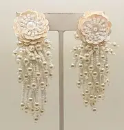 E304 Vintage Handmade cream seed beaded sequins clip on Dangle fashion earrings
