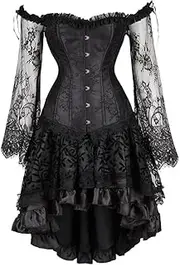 [FAWENLI] Fashion Corset Dress Women Sexy Offshoulder Long Lace Sleeves Corset Top With Gothic Floral Skirt Sets Wedding