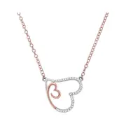 10k Rose Gold Round Diamond Double Heart Pendant Necklace 1/10 Cttw
